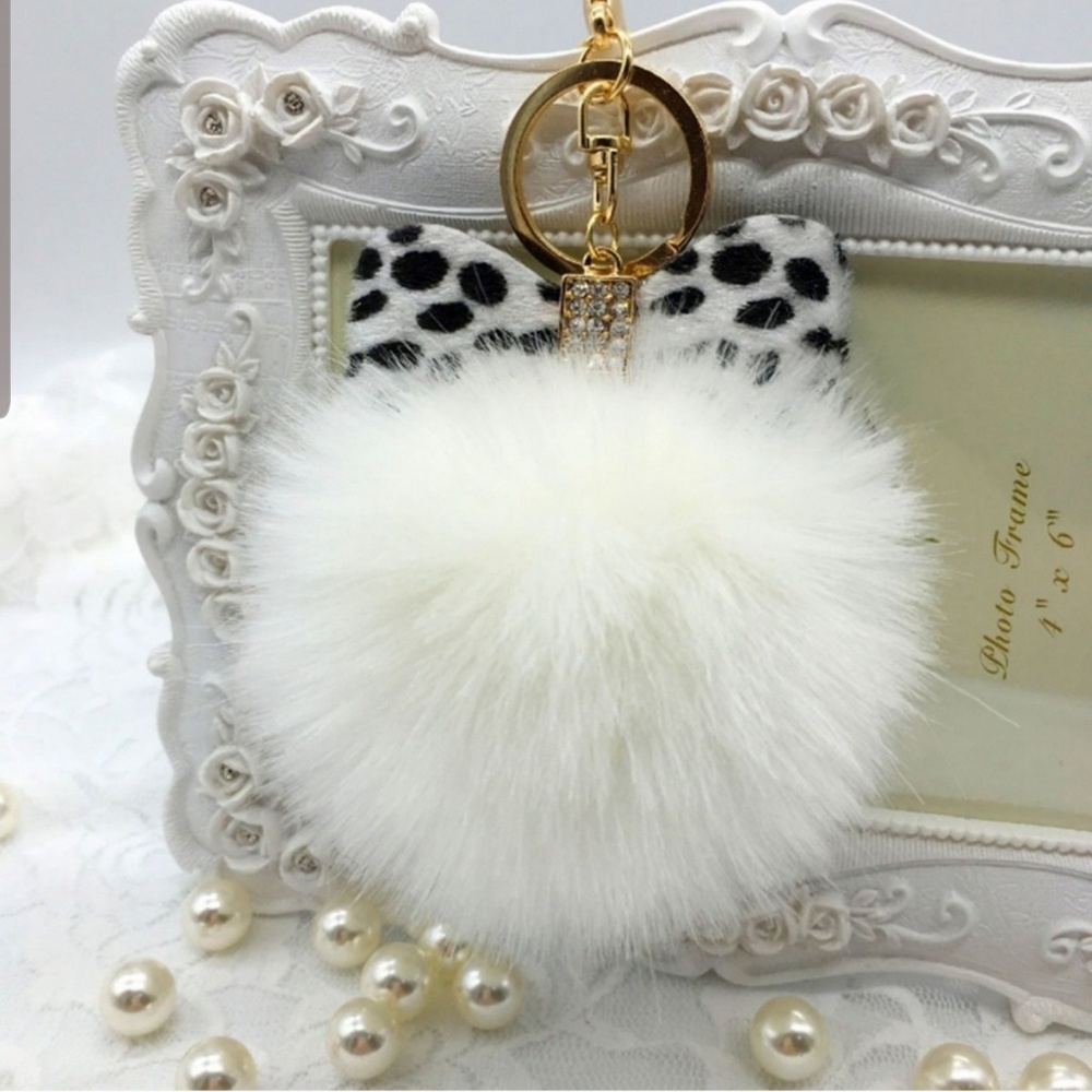 White Leopard Bow Pompom Keychain